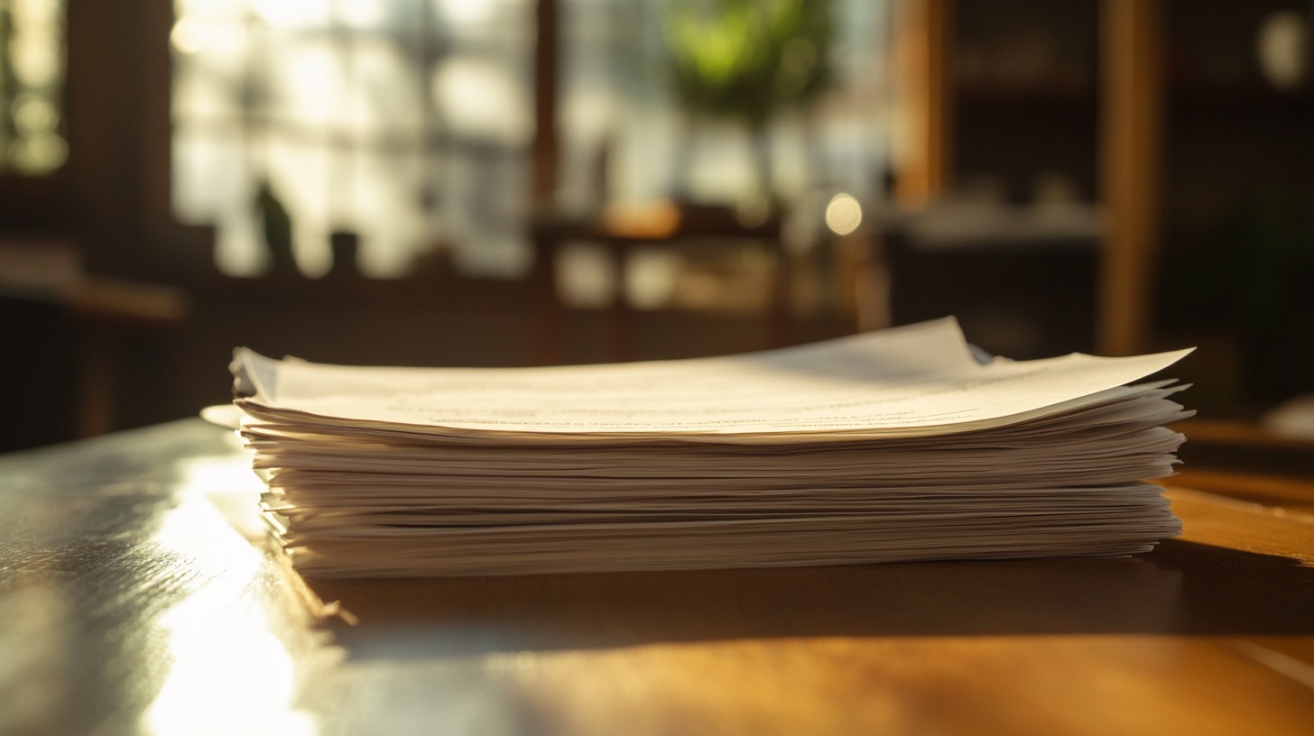 Stack of documents on a wooden desk in warm sunlight