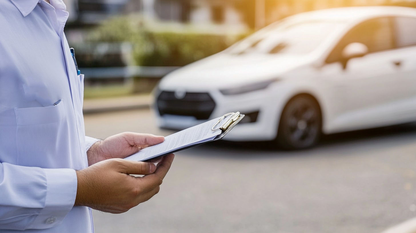 An insurance agent holding a clipboard near a white car during an assessment