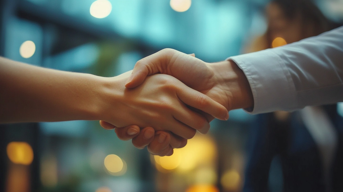 Close-up of a handshake symbolizing an agreement, with blurred background lighting