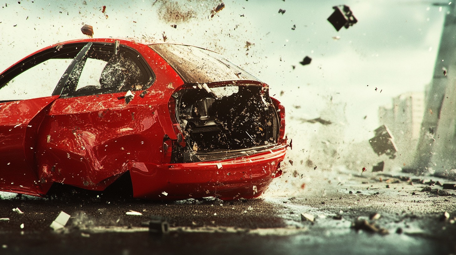 Shattered red car debris flying during a severe accident