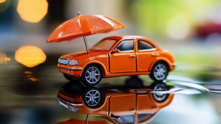 An orange toy car with an umbrella on top, symbolizing car insurance protection