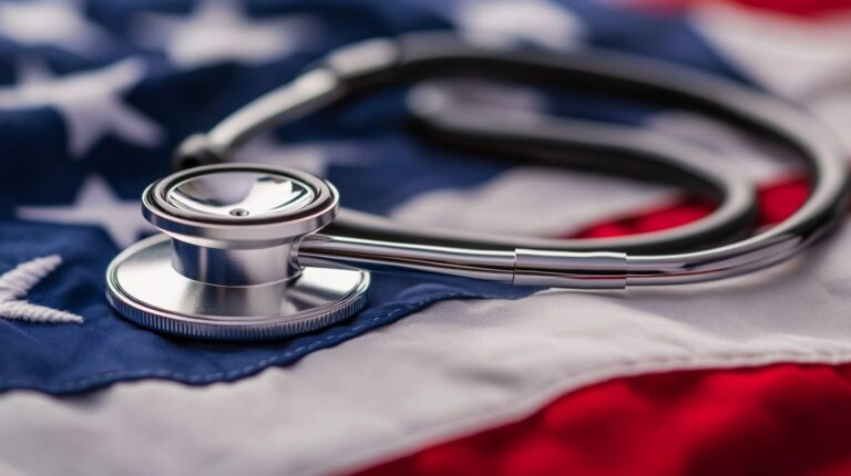 Close-up of a stethoscope on the American flag, symbolizing healthcare in the United States