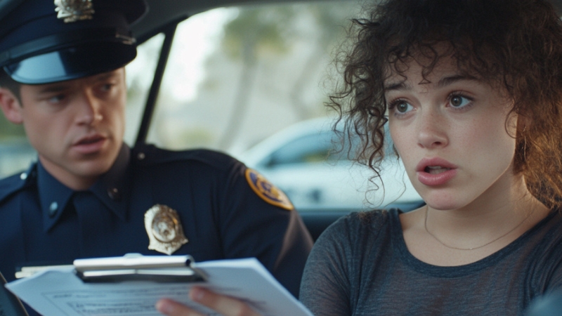 A Woman Sits in A Car with A Police Officer Explaining Her Rights Regarding Chemical Tests After a Traffic Stop