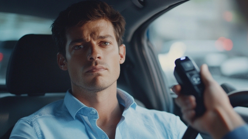 A Man Looks Concerned as He Faces a Breathalyzer Test During a Traffic Stop