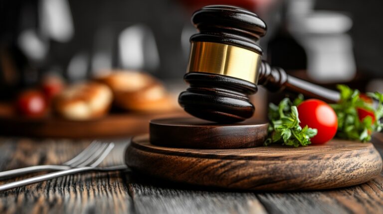 A wooden gavel resting on a round base with fresh vegetables like tomatoes and parsley in the background, symbolizing food-related legal matters