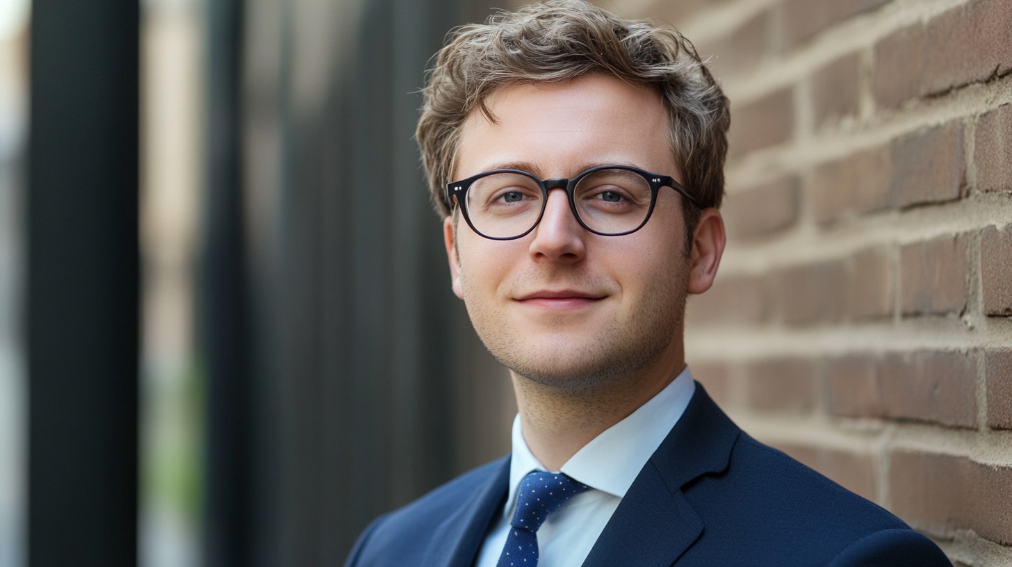 A professional-looking individual in a suit and glasses, standing confidently near a brick wall