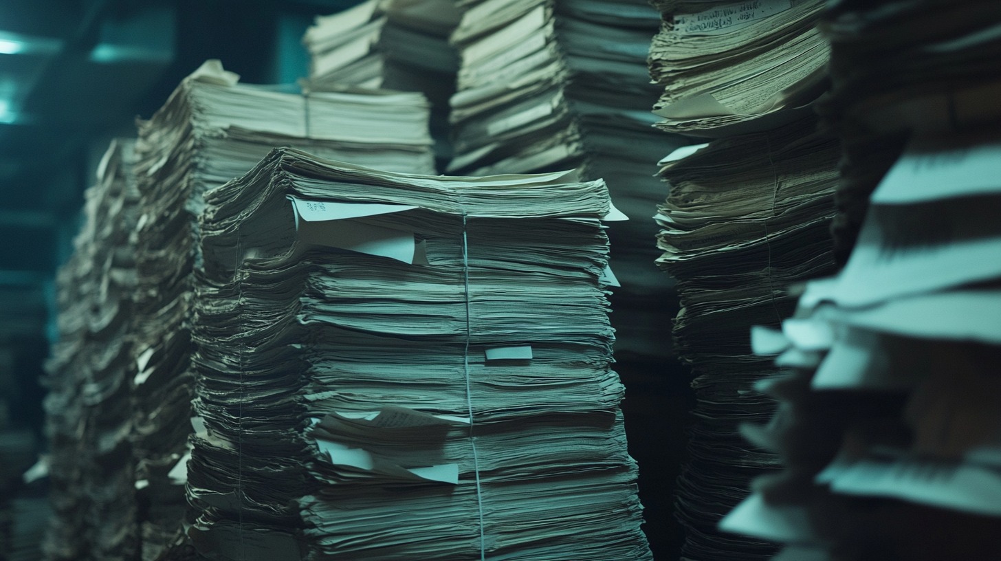 Stacks of bundled legal documents and files in a dimly lit storage area