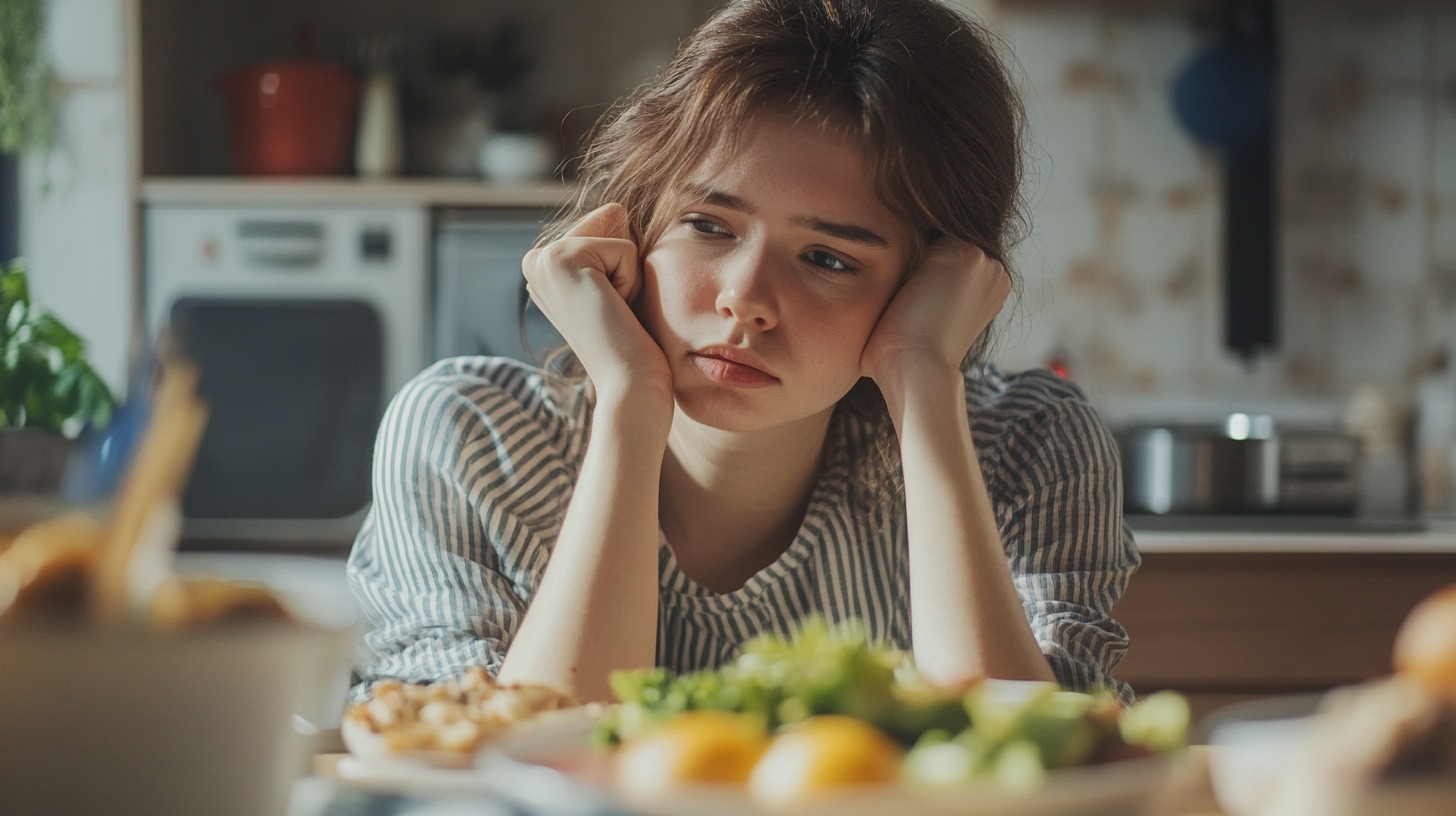 A young woman sitting at a table with a sad expression, surrounded by food, symbolizing food-related illness or dissatisfaction