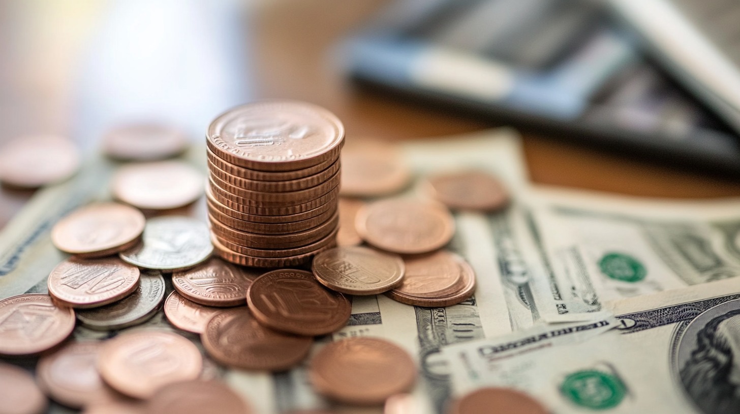 A stack of coins surrounded by scattered coins and dollar bills on a wooden table