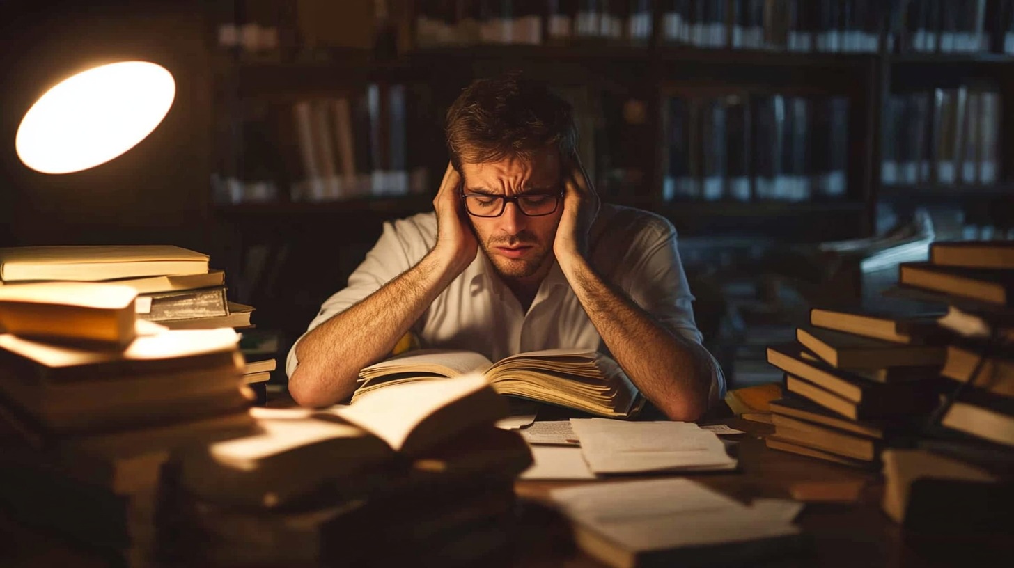 Stressed man studying late at night, surrounded by books