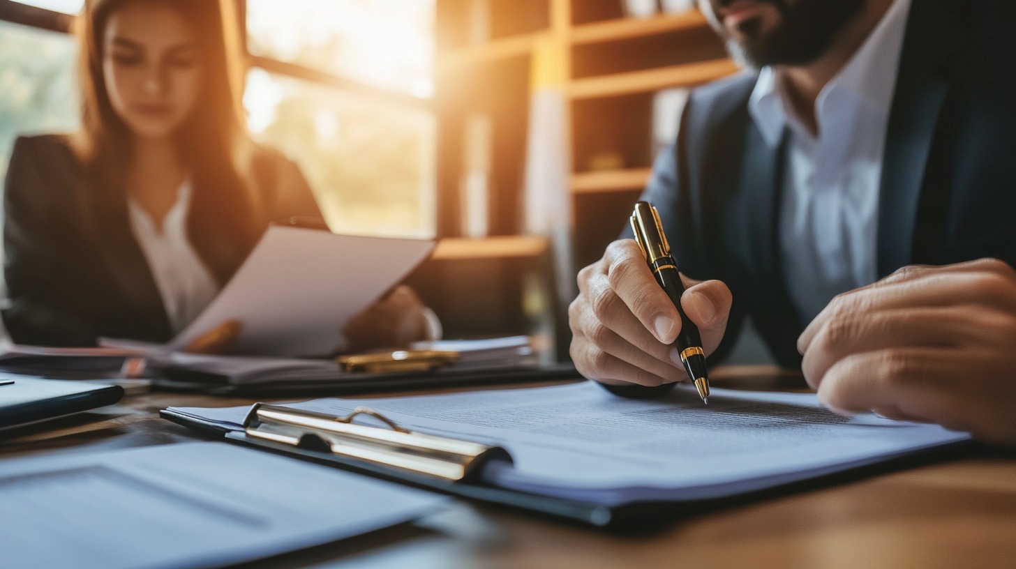 Two legal professionals reviewing documents