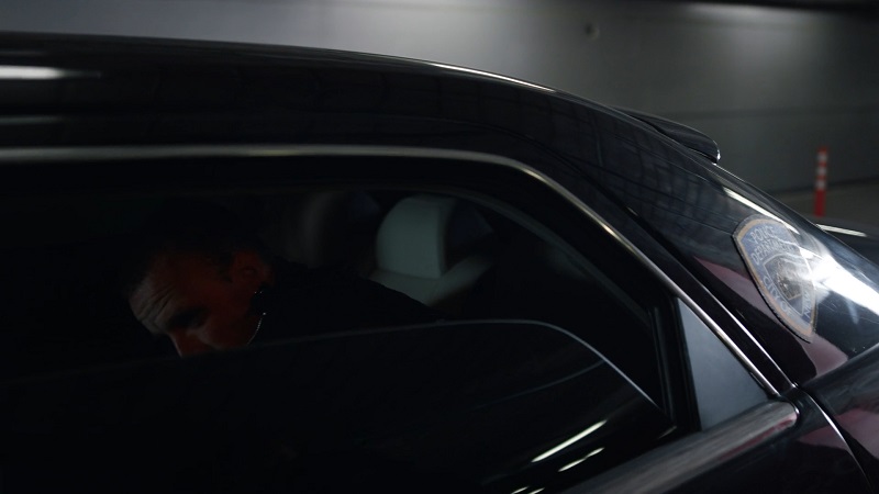 A person partially visible in the back of a police car, with a police department badge on the window