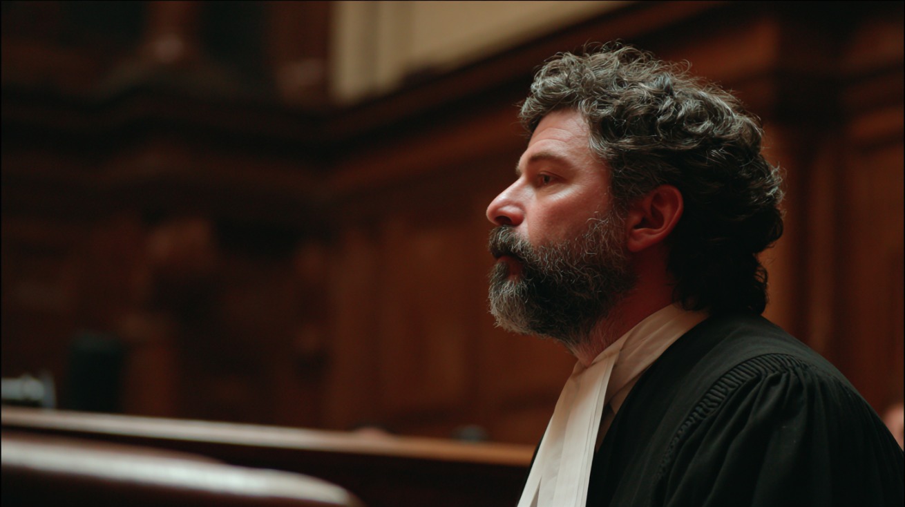 Judge in a courtroom wearing a black robe during legal proceedings