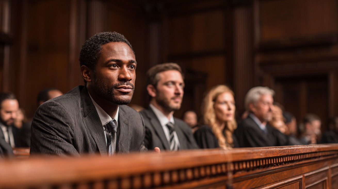 Man seated in a courtroom among other prospective jurors
