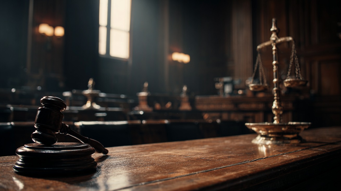 Empty courtroom with a judge’s gavel and scales of justice on the bench