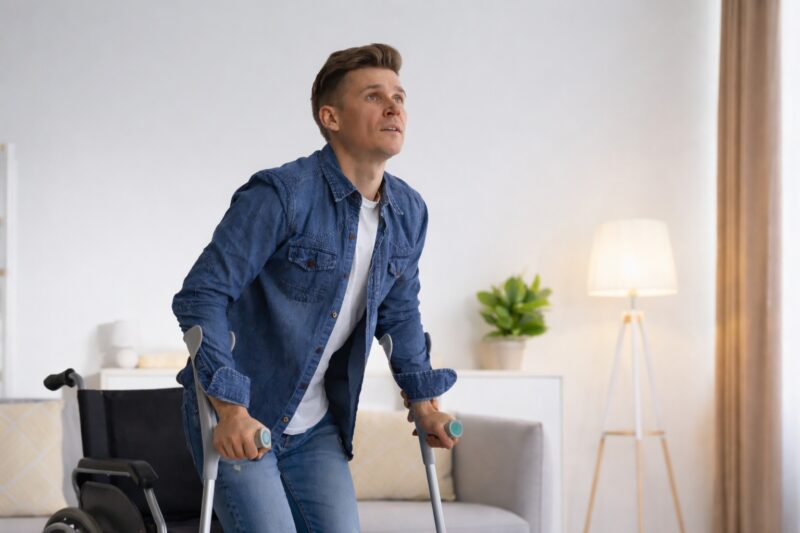Man using crutches at home representing personal injury claim