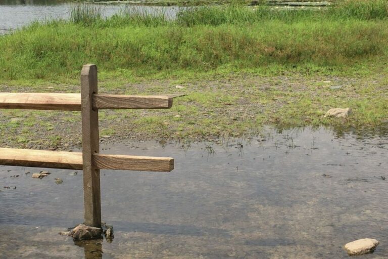 Flooded grassy shoreline near wooden fence by private pond