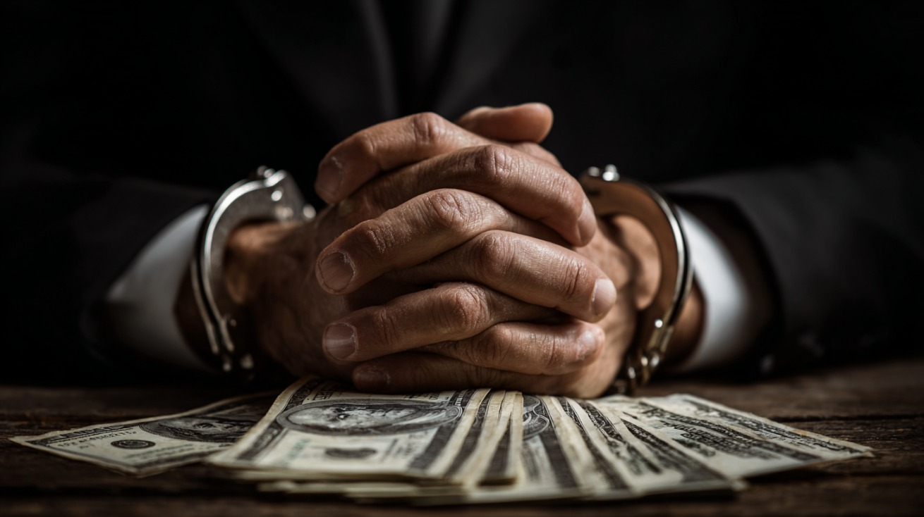 Person in handcuffs with hands clasped over cash on a table