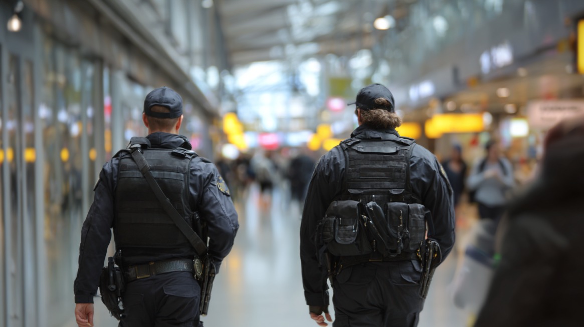 Two uniformed security officers walking through a crowded indoor transportation terminal