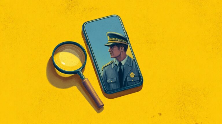 Smartphone displaying a police officer beside a magnifying glass on a bright yellow background