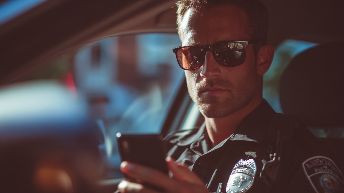 Police officer sitting in a patrol car looking at a smartphone