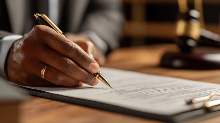 Close up of a person signing official legal paperwork with a pen at a desk