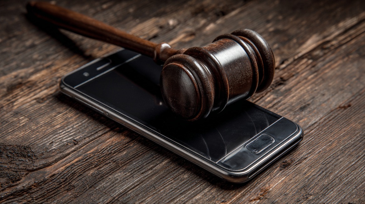 Wooden judge’s gavel resting on top of a smartphone on a wooden surface
