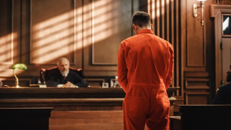 Courtroom scene illustrating probation vs. parole with a defendant standing before a judge during sentencing