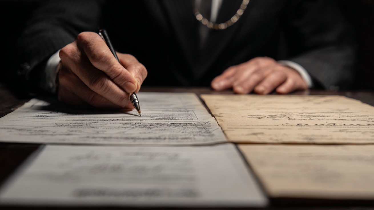 Close up of a person in a suit signing legal documents at a desk