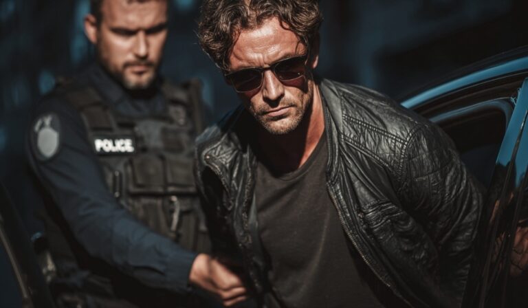 Man being escorted by a police officer while standing near a car