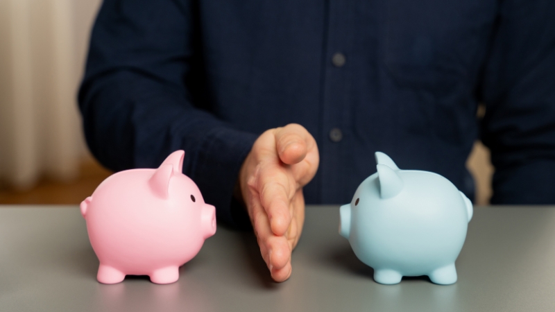 Hand placed between two piggy banks during a mediation discussion about money