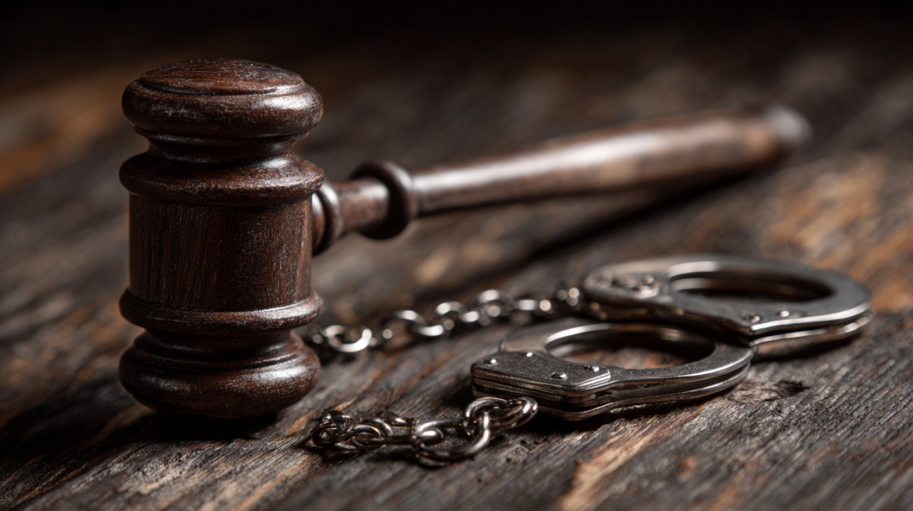 Wooden judge’s gavel and metal handcuffs resting on a wooden table