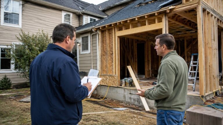 Building inspector reviewing an unfinished home addition with the homeowner after construction was completed without a permit.