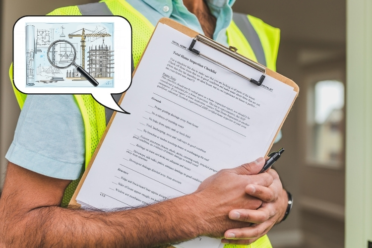 Building inspector holding an inspection checklist and reviewing construction plans on site.